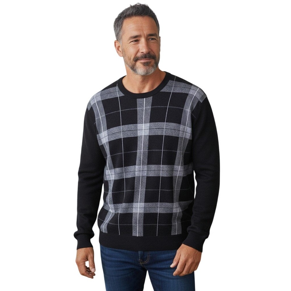 Eddie Monetti Mens Sweater Sz M 100% Cashmere Plaid Crewneck Navy Grey Italian